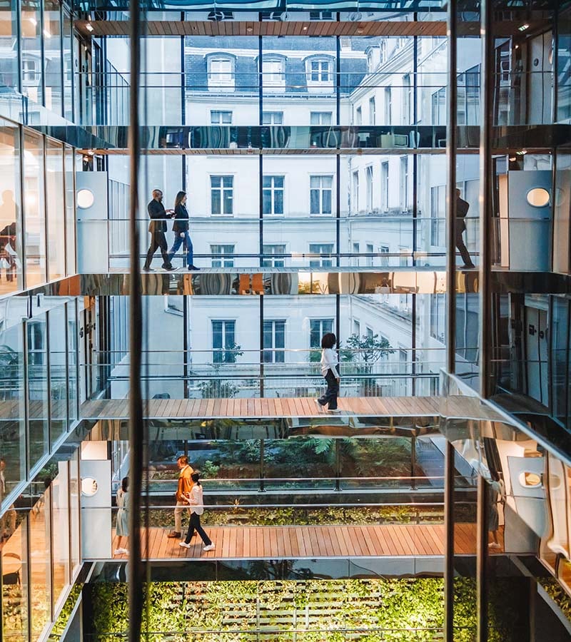 Men and women of varied ethnicities engage in professional tasks in a well-lit modern office, showcasing teamwork and individual focus, with urban views and greenery enhancing the workspace.