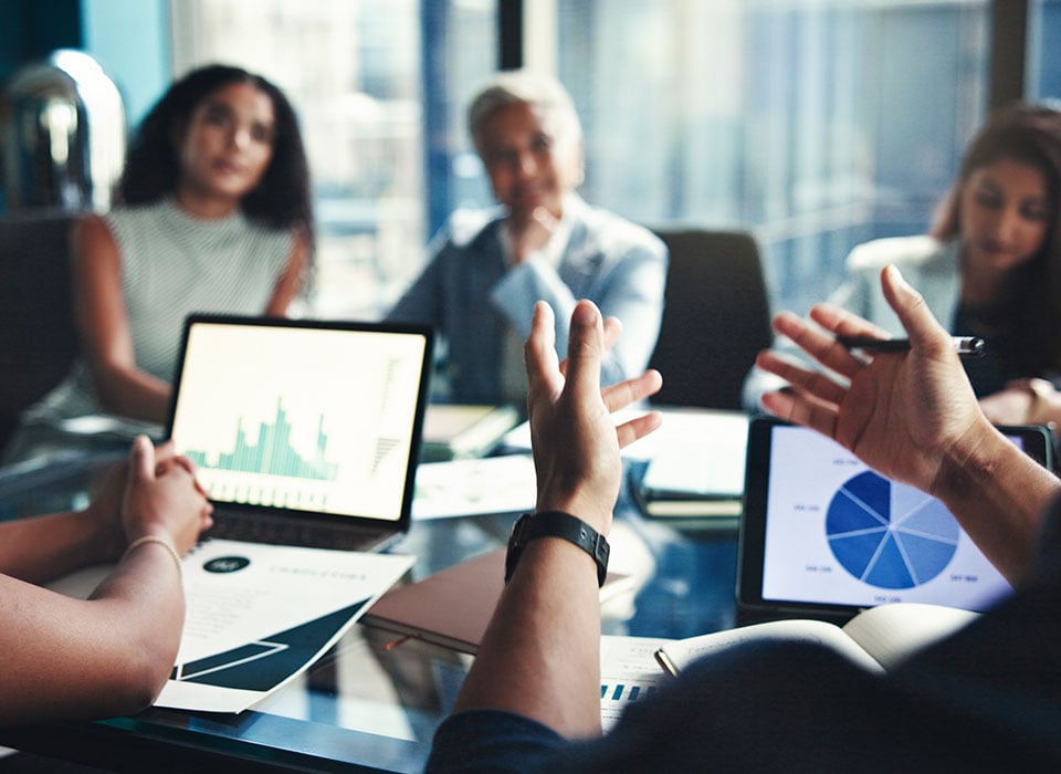 Finance, hands and tablet screen with business people in office boardroom for investment opportunity. Growth, portfolio and presentation with financial team in workplace for wealth management